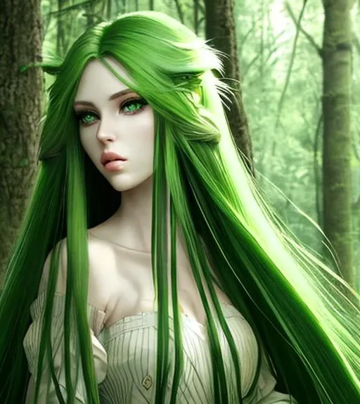 Prompt: Beautiful serious girl, long green hair, big ayes, big lips, nature, forest knight long hair