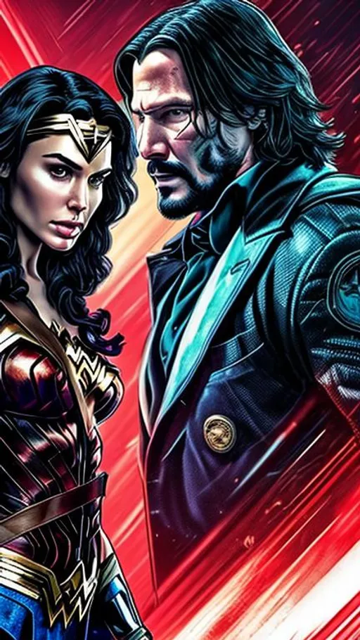 Prompt: Wonder Woman and John Wick in a face-off