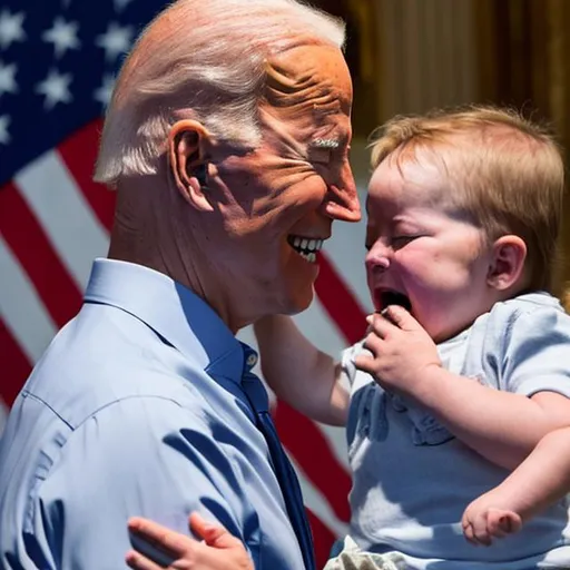 Prompt: Joe Biden holding a screaming child to his nose with his eyes closed