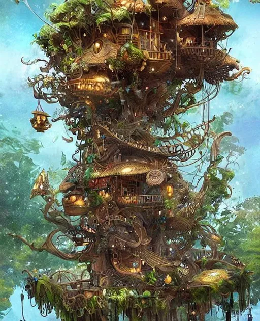 Prompt: A intricate detailed photography of a treehouse on a floating island junglepunk background by ellen jewett

