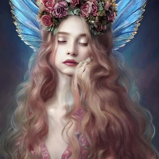 Prompt: Breathtaking baroque long haired beauty, fairy wings, painted by artgerm, nicoletta ceccoli, daniel merriam, fantasy art, renaissance gown, hyper realistic flower bouquet painting, sparkles, Beautiful goddess, Haute Couture, princess dress, beautiful symmetrical face, pre-raphaelite, soft shadows, stunning, dreamy, elegant, ornate, style of michael parks, tom bagshaw, roberto ferri and Marco mazzoni, hyper-realistic, matte painting , enhanced, photo render, 8k, art by artgerm, wlop, loish, ilya kuvshinov, 8 k hyperrealistic, crackles, hyperdetailed, beautiful lighting, detailed background, depth of field, symmetrical face, frostbite 3 engine, cryengine, bubbles, dragonflies, garden of roses and peonies background, ultra detailed, soft lighting