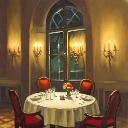 A painting of a table set for a candlelit dinner at... OpenArt