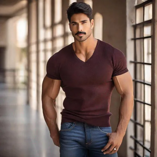 Prompt: Professional photoshoot of a muscular, handsome, half-Indian half-White man with a thin mustache and stubble, youthful face, wearing a tight, short-sleeve sweater, buff arms showing, {defined shredded musculature, broad shoulders}, {sultry}, center frame, natural light, intricate detail, best quality