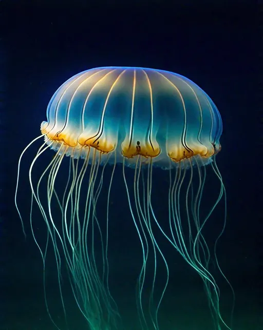 Prompt: An ethereal moon jellyfish floats gracefully in the deep blue ocean, its translucent body pulsating with an otherworldly glow. Delicate tentacles drift below the undulating umbrella as subtle beams of sunlight filter down through the rippling water above. Photographed underwater using a Nikonos V with 15mm lens, capturing the nuanced details and natural movements of the jellyfish with an environmental portrait style. In the marine aesthetic of Alberto Ghizzi Panizza.