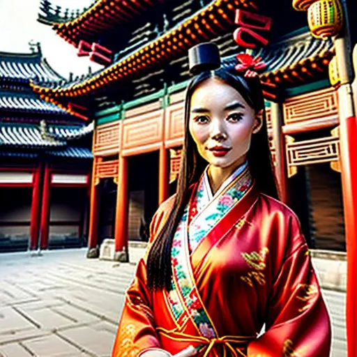 Prompt: An Asian woman wearing a necktie with a traditional Chinese robe, Hanfu, the person is wearing a mix of western wear and East Asian attire, the person is wearing a fancy fez, the person is surrounded by domed buildings with Chinese roofs, landscape, realistic, photograph
