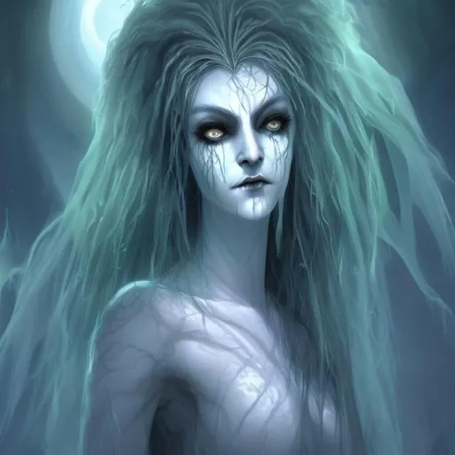 Prompt: fantasy horror portrait of a transparent female banshee ghost elf