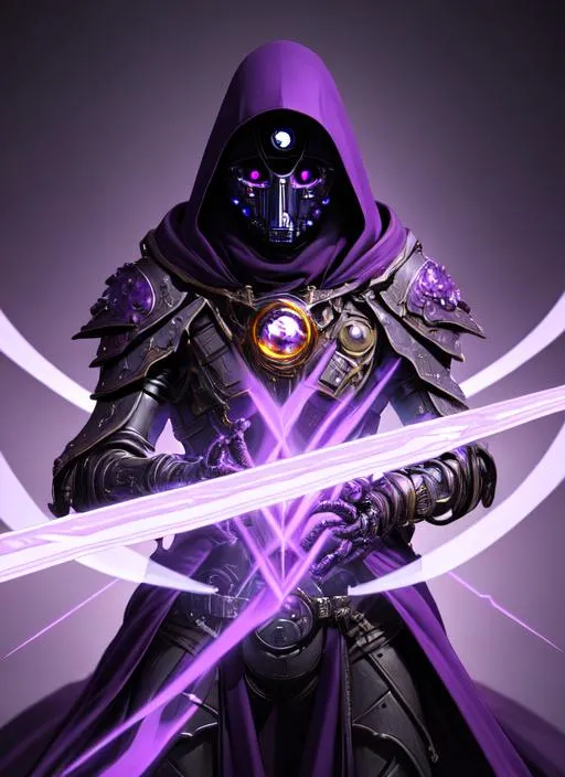 Prompt: portrait of warforged  warlock  with short, purple eyes, black cloak , in purple maitek background, D&D setting,  perfect composition, hyperrealistic, super detailed, 8k, high quality, trending art, trending on artstation, sharp focus, studio photo, intricate details, highly detailed, by greg rutkowski and alphonse mucha

