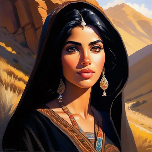 Prompt: Persian girl, light skin, black hair, dark brown eyes, in Zagros Mountains, cartoony, sunny atmosphere, extremely detailed painting by Greg Rutkowski and by Henry Justice Ford and by Steve Henderson