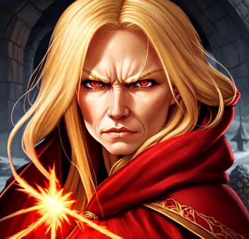 Prompt: Blonde haired woman in a red Cloak, mid 30s, fantasy portrait, baldurs gate, angry