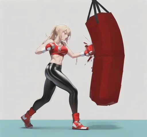 Prompt: punching bag punching, high quality, punching bag,Best quality, tall girl, (punching bag:1.2), master piece, leggings , muscle, blood, punching bag, latex ,ultra detailed, realistic, 4k, fight punching, open finger gloves ,anime style,punching fighting, beauty girl, pretty ,detailed face, punching bag smash 