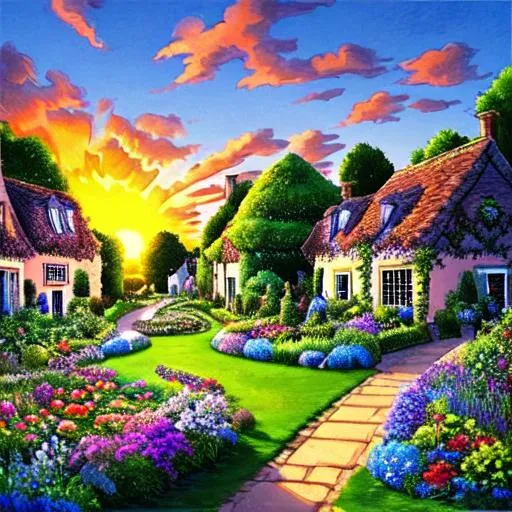 Prompt: a beautiful garden in a beautiful village, blue sky, sunset, illustrated, good brightness, very detailed, sky is going to dark, no human