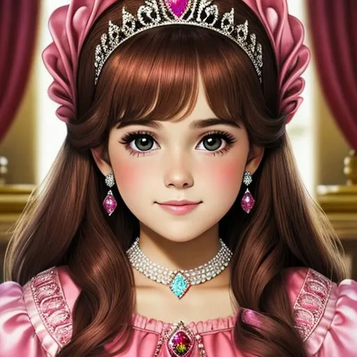 Prompt:  a very young princess wearing pink, brown hair,  tiara with rubies, facial closeup