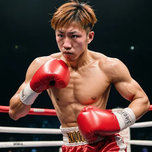 Prompt: Imagine a Japanese boxer resembling Naoya Inoue, with a muscular physique and determined gaze. He's wearing big red boxing gloves, red satin trunks. He was being knocked out in a boxing match and lied down in the boxing ring.