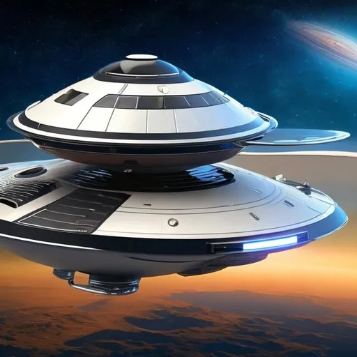 Prompt: High-resolution, very detailed, realistic. D&D, retro-futuristic, luxury spacecraft, flying saucer, UFO, 