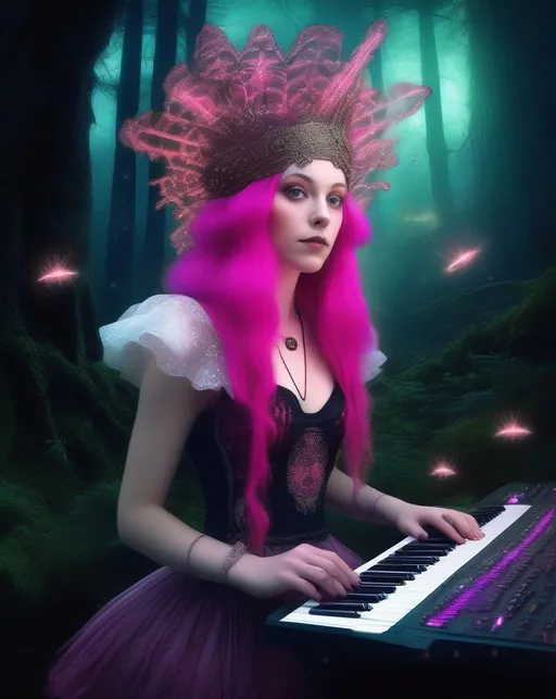 Prompt: A fantasy portrait of a girl with pale skin and vivid pink hair adorned with an ornate lace headdress against a dark magical forest backdrop, illuminated by glowing mushrooms and fireflies, wearing a dress of antique fabrics with a keyboard synthesizer built into the voluminous skirt, visualized in an imaginative dream punk aesthetic using lush painterly digital editing