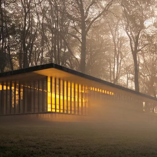 Prompt: A Mies Van Der Rohe and Frank Lloyd Wright mixed building with lights on, seen at sunset stainding on a hill in fog. Author photography Archdaily inspired