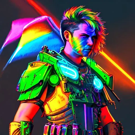 Prompt: Rainbow warrior, heroic, battle scarred, male, colorful, neon lights