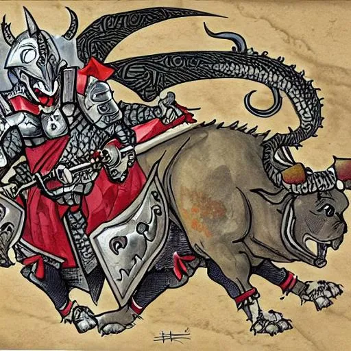 Prompt: A bull dog in a medevil kingdom wearing knights armor and has a big sword and in the middle of a battle with a cat and dragon fusion