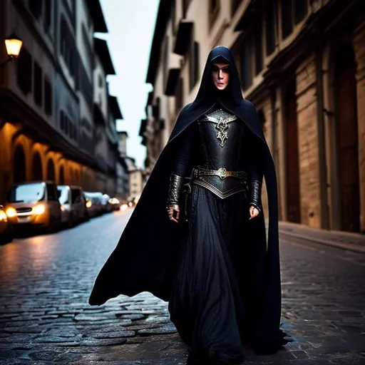 Prompt: Assassian nun in the streets of medieval Florence. Night. Dirty, used black cloak, hood, (((face covered))) mask, or shawl. Only his eyes are visible. Red hair, extremely feminine yet athletic build, sharp weapons. She's on a mission. Cinematic scene in Luis Royo style.