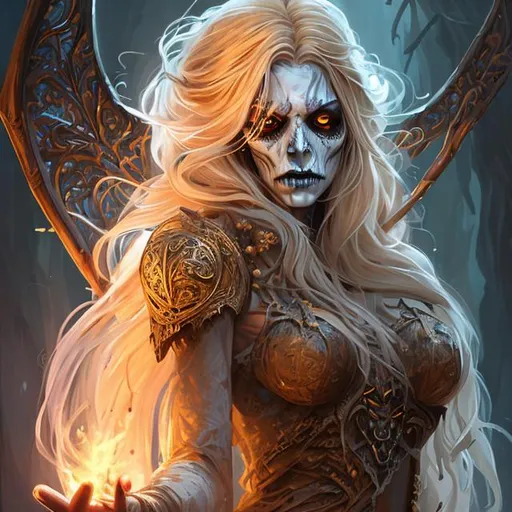 Prompt: Full body splash art portrait of a very pretty sweet female undead sorceress casting a spell, very long honey-colored hair with a fringe, wearing long light-colored iridescent robes, carrying a wooden staff, heroic, cute, brave, D&D, fantasy, intricate, highly detailed, sharp focus, digital painting, oil painting, master piece, artstation, concept art, 4k, 8k