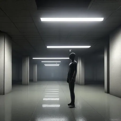 Prompt: A statue in the middle of a parking garage, depressing, grim, lonely. nostalgic unreal engine 5, mysterious, scary, liminal space. 