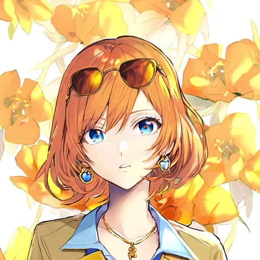 Prompt: Portrait of a cute girl with short orange hair and blue eyes wearing a white shirt, blue jacket, gold necklace, gold earrings, and pink sunglasses surrounded by yellow flowers 