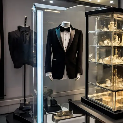 Prompt: black tuxedo on a stand, and a magic wand behind a glass case