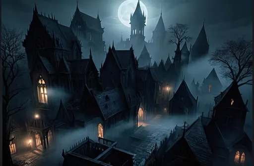 Prompt: Eerie night scene in Warhammer fantasy RPG style, detailed gothic architecture, mystical fog, ominous moonlight, haunting atmosphere, highres, ultra-detailed, dark fantasy, eerie lighting, gothic, detailed buildings, mystical fog, ominous moon, haunting atmosphere