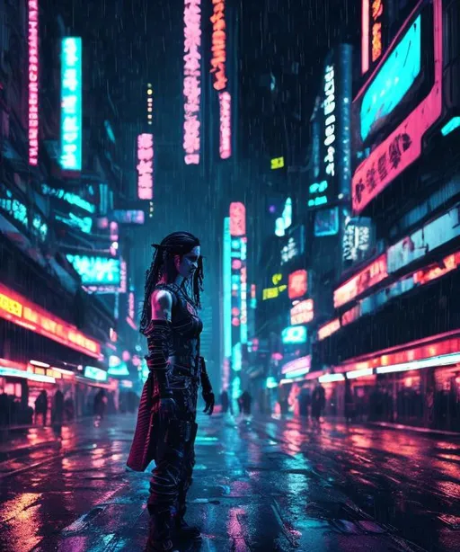 Prompt: Cyberpunk neon city, city life, made up of matrix style falling glyphs. Dark art, rain, wet look, smoke at busy street level.
Stunning female warrior standing in street. 