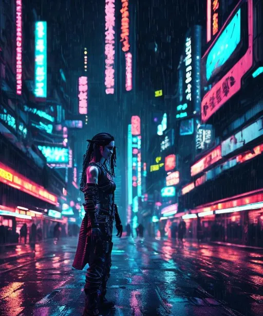 Free AI Image  Cyberpunk warrior looking over city