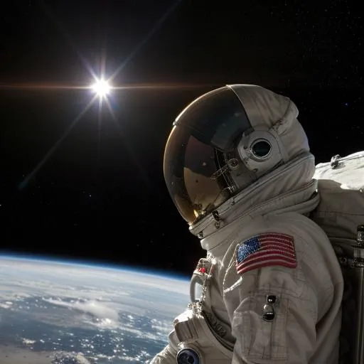 Prompt: picture of an astronaut on the surface of a celestial planet with the earths reflection on his visor