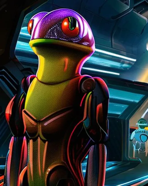 Prompt: a friendly-looking frog alien npc in a futuristic spaceship hangar, sci fi art style, robots in background