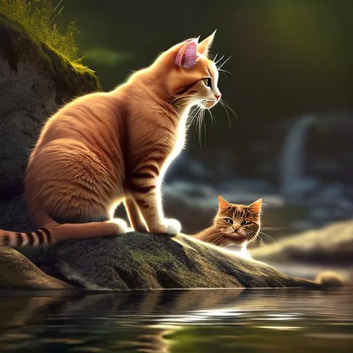 Prompt: cat setting by a river dramatic lighting portrait digital adorable special fanciful facing back hyper realistic