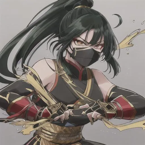 Image of an anime character in a black and gold outfit with a katana