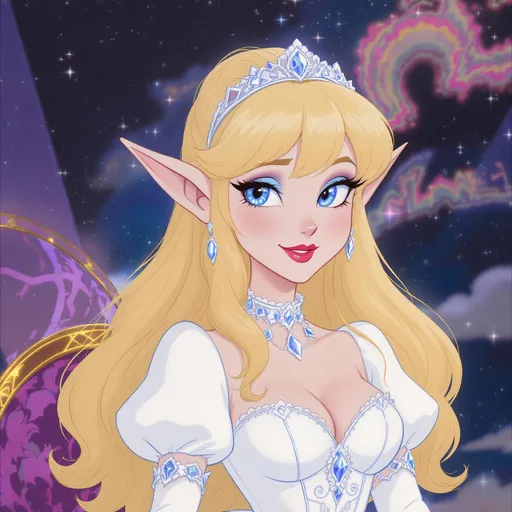 Prompt: Sylphi - part of the fun magical FairFolk, blonde, similar image to Agnetha from Abba, clothing colour palette white, blue eye shadow, 1500s meets Disco. Early 20s As a 2D Animated Disney Characters, either in the style of the 1950s by the Nine Old Men, or late-1980s/early-1990s style