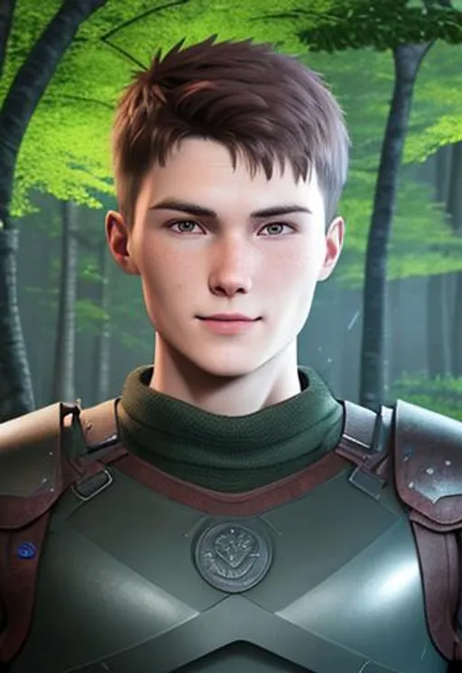 Prompt: Digital art, a 21-year-old viking man, subtle smile, round head, round face, short dark brown hair, brown hair, muscular, viking forest, green gear, silver armor, light green eyes, Tidal Class seal on chest armor, unreal engine 8k octane, 3d lighting.