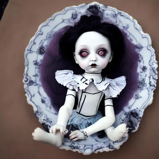 Prompt: Porcelain doll in the style of Tim Burton 