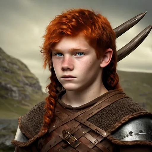 Prompt: Viking teenage male portrait red hair