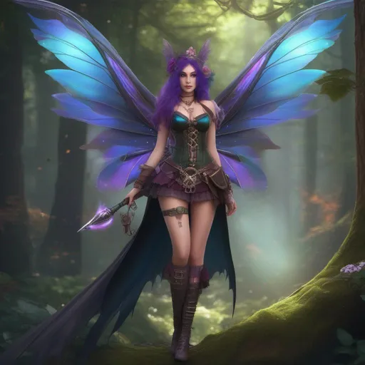 Prompt: ((Epic)). ((Cinematic)). Shes a colorful, Steam Punk, gothic, witch. ((distinct)) Winged fairy, with a skimpy, ((colorful)), gossamer, flowing outfit, standing in a forest by a village. ((Wide angle)). Detailed Illustration. ((4k)), 8k.  Full body in shot. Hyper realistic painting. Photo real. A ((beautiful)), very shapely woman with ((anatomically real hands)), and ((vivid)) colorful, ((bright)) eyes. A ((pristine))  Halloween night. (Concept style art). 