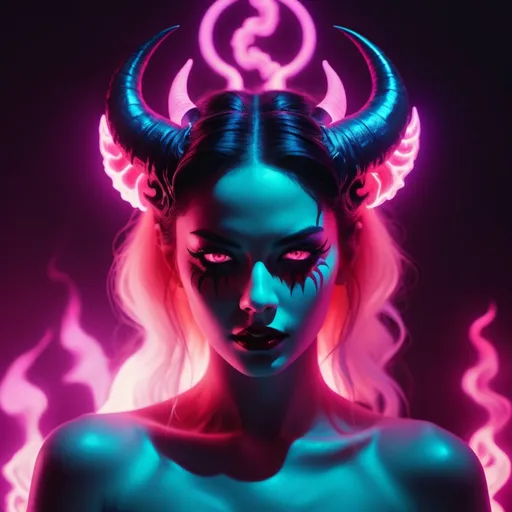 Prompt: beautiful female demon, hell, demonic, vaporwave, retro, neon, aesthetic, liminal, high quality, high definition, beautiful, dramatic lighting