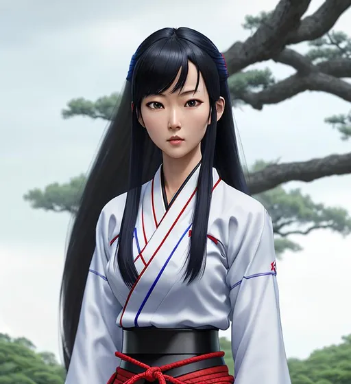 Prompt: 64K UHD HDR Hyper-Realistic Detailed Photo of Kendo Girl Motoko Aoyama Standing. Straight Black Hair. Periwinkle Training Gi. Red Obi Belt & Training Hakama. Evening Scene with Dark Clouds and Tree Tops in the Background. Octane Render by WETA Digital.