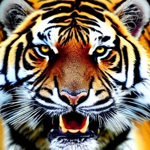 Prompt: Tiger portrait ,closeup cool and intense, serious reflective eyes, open mouth , teeth, concept art, cinematic smooth, intricate detail, cinematic
