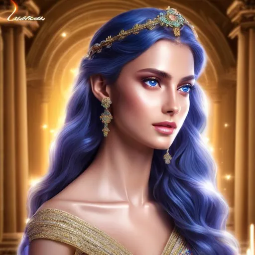 Prompt: HD 4k 3D 8k professional modeling photo hyper realistic beautiful woman ethereal greek goddess of loyalty
long blue hair brown eyes gorgeous face fair skin shimmering party dress jewelry headpiece full body surrounded by magical glowing light hd landscape background ancient greek festival 