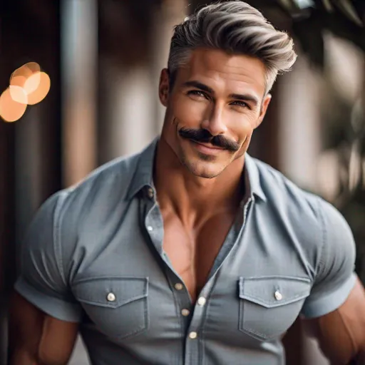 Prompt:  A pretty, muscular, tan, male model with mustache, wearing a short-sleeve button-up shirt and tight jean pants, short gray hair, {defined shredded musculature, broad shoulders}, {sultry romantic}, smile, center frame, intricate detail, best quality, uhd, 8k, 
