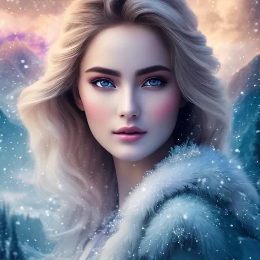 Prompt: create photograph of beautiful fictional winter female goddes princes with most beautiful eyes, extremely detailed face, space and planets an nebulae in sky highly detailed, extremely detailed environment, extremely detailed background, intricate, extremely detailed skin, natural colors , professionally color graded, photorealism, 8k, realistic, moody lighting, ambience lighting