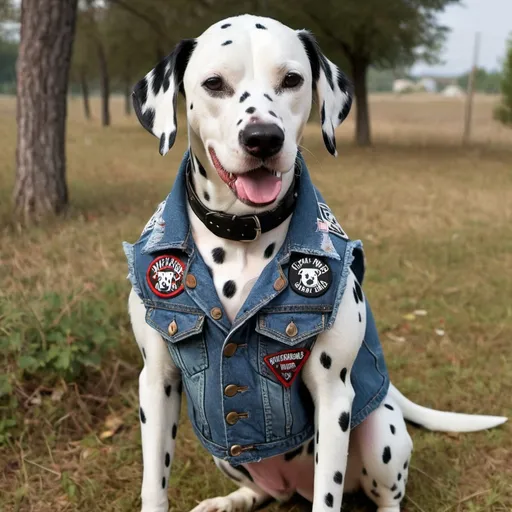 Prompt: dalmatian wearing a heavy metal music denim vest with patches
