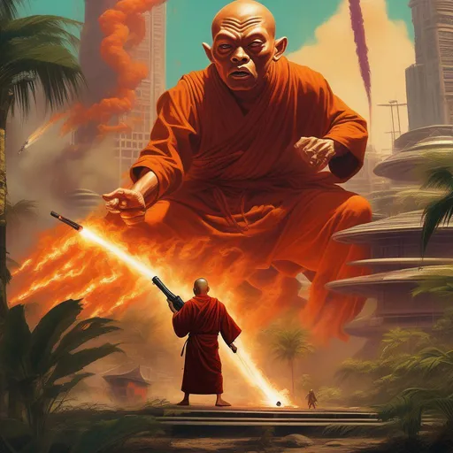 Prompt: budhist monk with flame thrower fighting alien, futuristic city built inside jungle landscape, action movie, pulp fiction