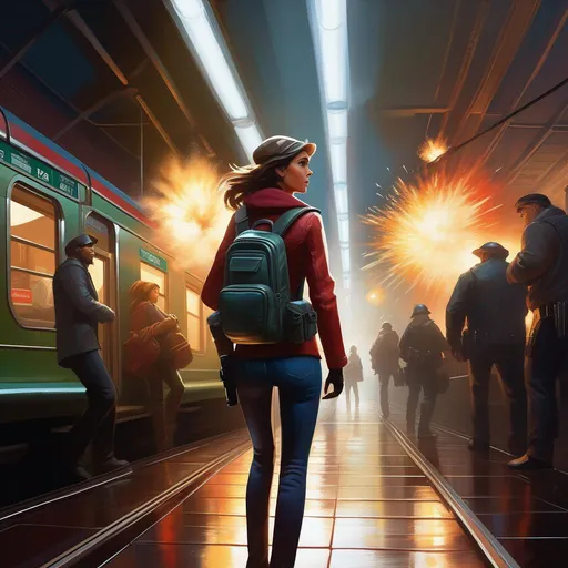 Prompt: Third person shooter, female protagonist, explosions, subway, cartoony, cold atmosphere, extremely detailed painting by Greg Rutkowski and by Henry Justice Ford and by Steve Henderson