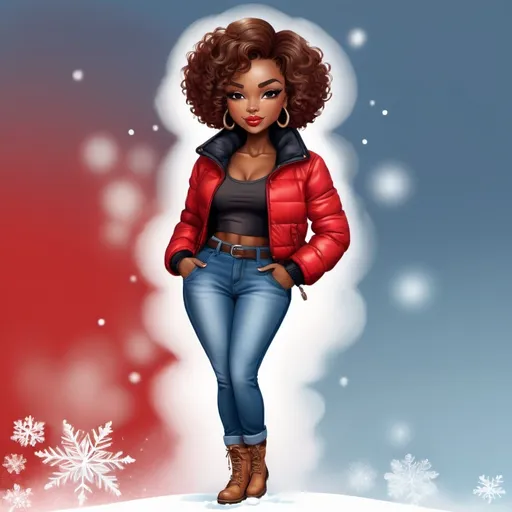 Prompt: “Digital airbrush illustration in a 10x10 aspect ratio, featuring a full-bodied
African-American woman in chibi style with short brown hair styled in
creole curls. She's dressed for winter in a vibrant red crop top, paired with a
sleek black down jacket and blue jean pants, showcasing a fashionable yet
relaxed look. Holding a steaming cup of coffee in one hand and the other
hand in her back pocket, she displays a confident posture. Her footwear
includes stylish insulated winter boots, combining warmth and fashion. The
artwork is lively and full of personality, set against a simple white
background, ideal for engaging and stylish seasonal clip art.”