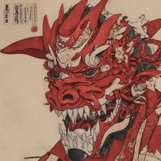 Prompt: red Hannya mask ninja full body drawn in a Sengoku period art style